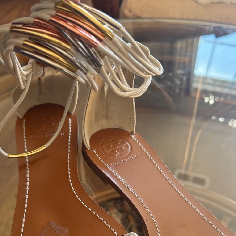 Tory Burch White Leather Ankle-Wrap Flat Sandals with Gold & Silver Accents - Picture 2 of 6